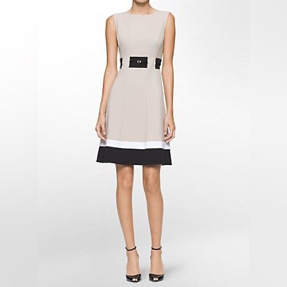 Calvin Klein tan black and white color block belted career dress size 4 NWOT